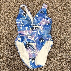 Tommy Bahama Blue & White Tropical Leaf One-Piece Swimsuit